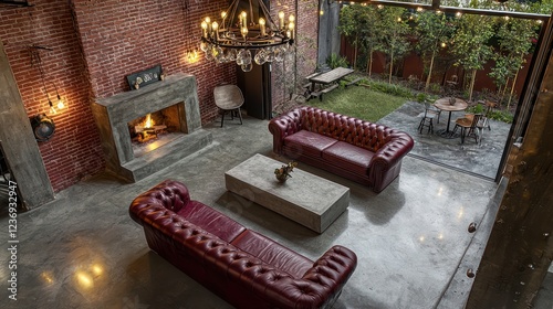 A loft-style living room with polished concrete floors and brick-red walls photo