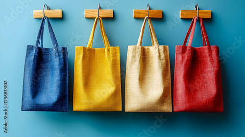 Colorful reusable shopping bags hanging on wall photo