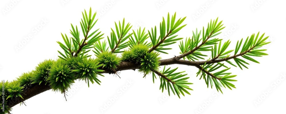 Moss-covered branch of evergreen tree isolated on white background, texture, wood, branches Moss-covered branch of evergreen tree isolated on white background, texture, wood, branches