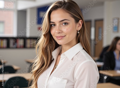 a young woman with a beautiful face, wearing a white shirt and jewelry, including earrings, as she stands in a classroom and gazes at the viewer with a subtle smile