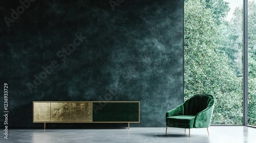 A luxe minimalist interior featuring a dark emerald green concrete wall