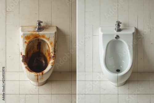two urinals with dirty water in them