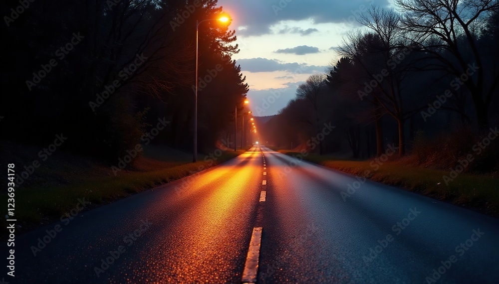 Fototapeta premium Streetlight casts long shadows on the wet asphalt at dusk, light, evening, water