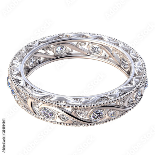 Luxury Diamond Eternity Band with Detailed Engraving Isolated on Transparent or blank Background, PNG