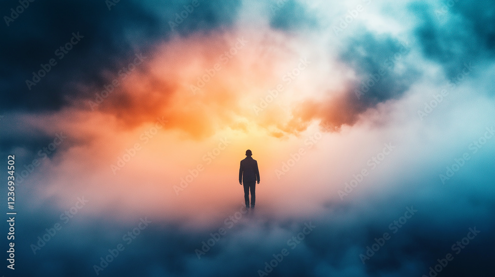 Fototapeta premium Solitary figure standing in a surreal foggy landscape with dramatic colorful sky, ideal for themes of introspection, personal growth, mental health awareness, and inspirational content for blogs