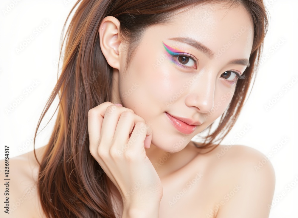 Close-up shot of a model's face with creative, colorful makeup and a stylish hairstyle. Close-up shot of a model's face with creative, colorful makeup and a stylish hairstyle.
