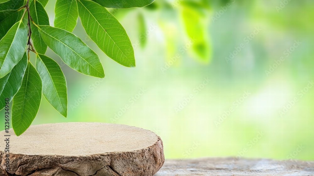 3D Empty podium, Fresh Green Leaves on Soft Focus Background with Natural Wood Slice 3D Empty podium, Fresh Green Leaves on Soft Focus Background with Natural Wood Slice