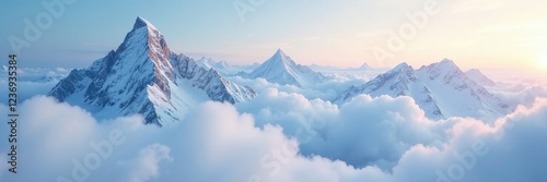 Clouds veiling the snow-capped peaks in a hazy light, frozen, veiling