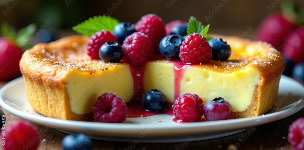 Creamy custard pie filled with a mix of blueberries and raspberries, pie, pastry Creamy custard pie filled with a mix of blueberries and raspberries, pie, pastry