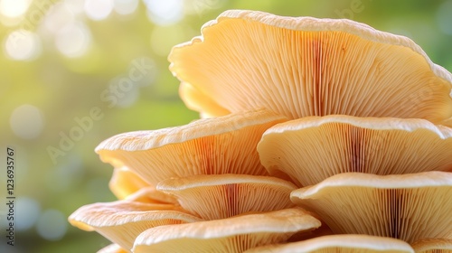 Stacked mushrooms outdoors in sunlight, blurred forest background photo