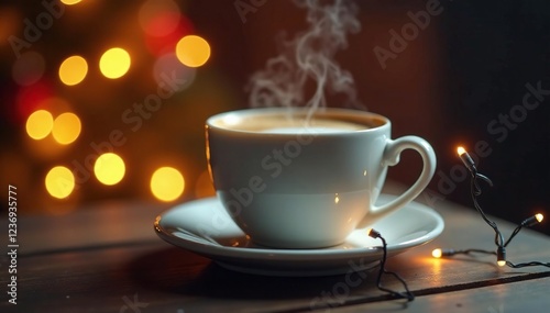 Wallpaper Mural Christmas lights shine on a steaming cup of coffee, steam, holiday Torontodigital.ca