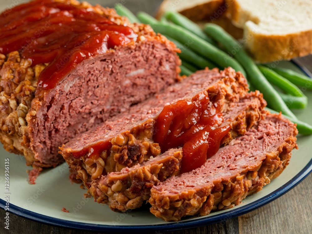 Sliced meatloaf served with green beans and bread. Sliced meatloaf served with green beans and bread.