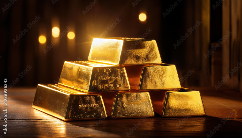 close up of shimmering gold bars stacked in dark wooden vault, soft light reflecting off them creates luxurious atmosphere close up of shimmering gold bars stacked in dark wooden vault, soft light reflecting off them creates luxurious atmosphere
