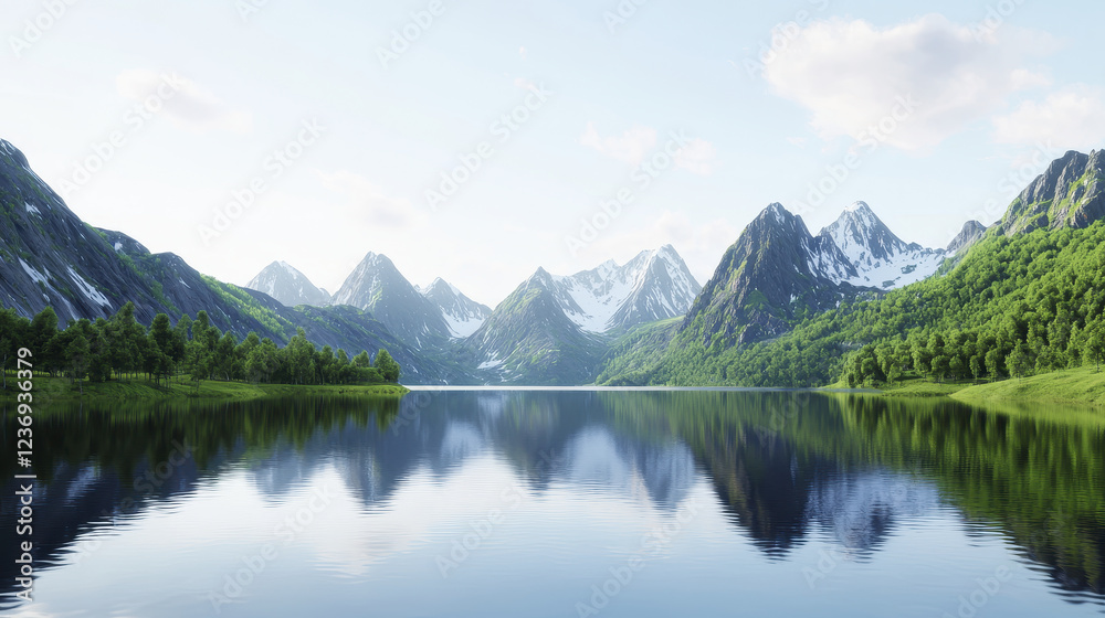 serene landscape featuring mountains, calm lake, and lush greenery reflects tranquility and natural beauty serene landscape featuring mountains, calm lake, and lush greenery reflects tranquility and natural beauty