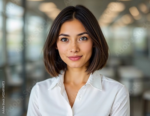 A young professional in a white shirt stands showcasing a warm smile in a contemporary office environment filled with soft, ambient light. Cute Asian brunette with bob haircut. Generative AI Free Download A young professional in a white shirt stands showcasing a warm smile in a contemporary office environment filled with soft, ambient light. Cute Asian brunette with bob haircut. Generative AI - GFXLoad