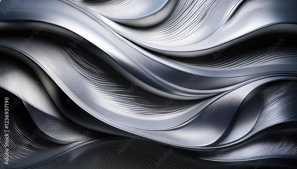 Fototapeta premium Sleek abstract metal background with swirling shades of silver and gray, featuring subtle texture and reflective surfaces