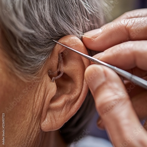 Close-up of hearing aid adjustment for elderly person with silver hair and hand using tool photo