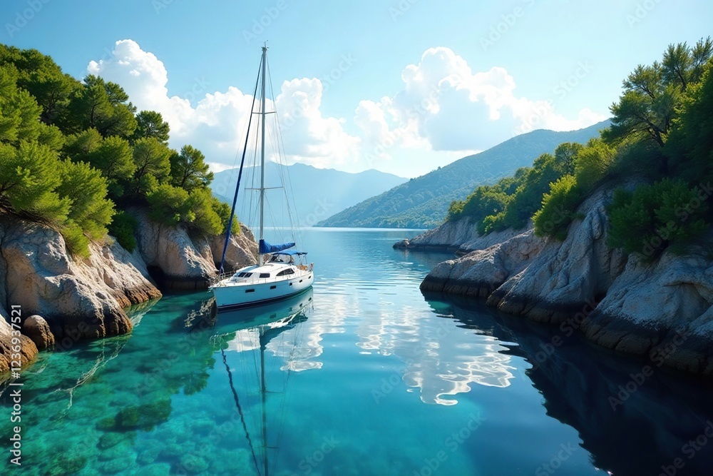 Sailing yacht anchored in secluded cove serene atmosphere, cove, peaceful, nature Sailing yacht anchored in secluded cove serene atmosphere, cove, peaceful, nature