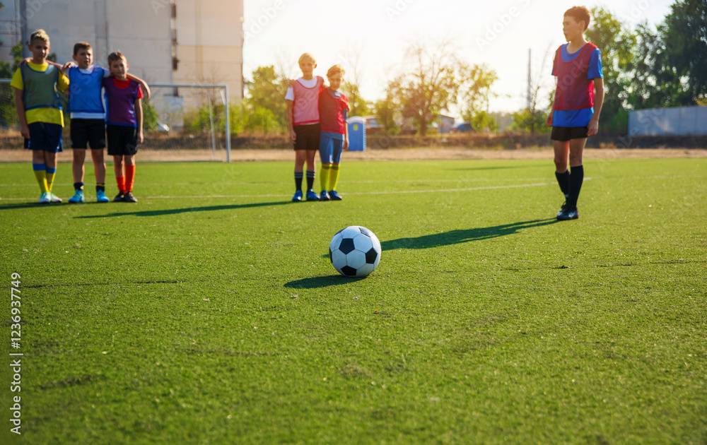 Obraz premium The photo shows a group of young soccer players in colorful jerseys standing in the background, while a soccer ball is placed in the foreground on a green turf field. The players are ready for action.