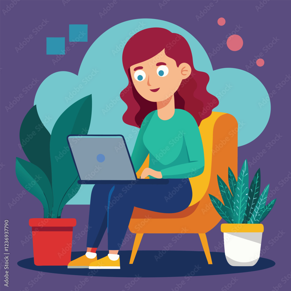 a girl is using his laptop vector a girl is using his laptop vector