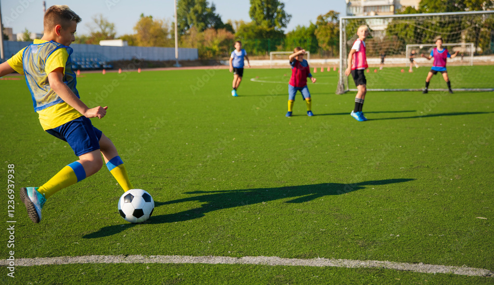 Fototapeta premium The photo shows young soccer player in yellow and blue uniform kicking a soccer ball on a green turf field.Other players in the background are actively engaged in the game. It is bright, dynamic scene