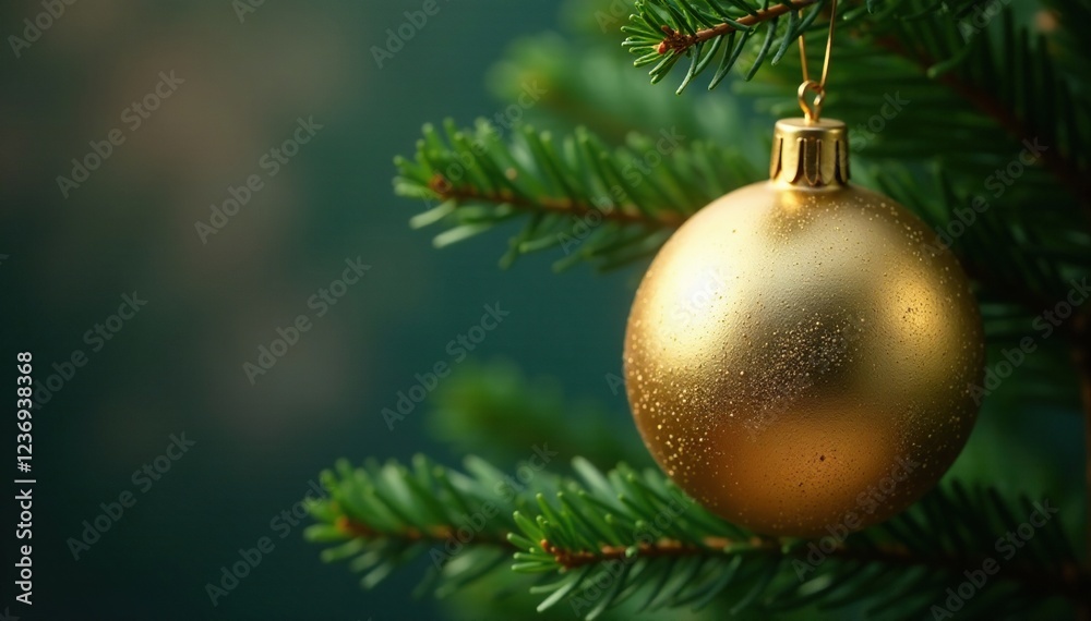 Fototapeta premium Decorative gold sphere ball suspended from a small pine tree branches, spruce, tree, foliage