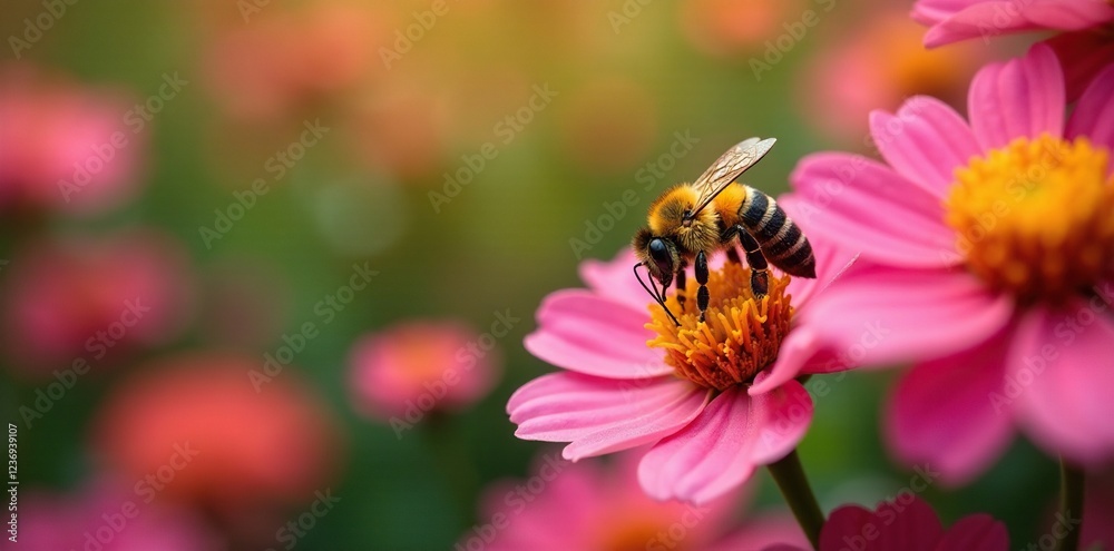Honey bee amidst blooming pink and orange flowers, honeycomb, nature Honey bee amidst blooming pink and orange flowers, honeycomb, nature