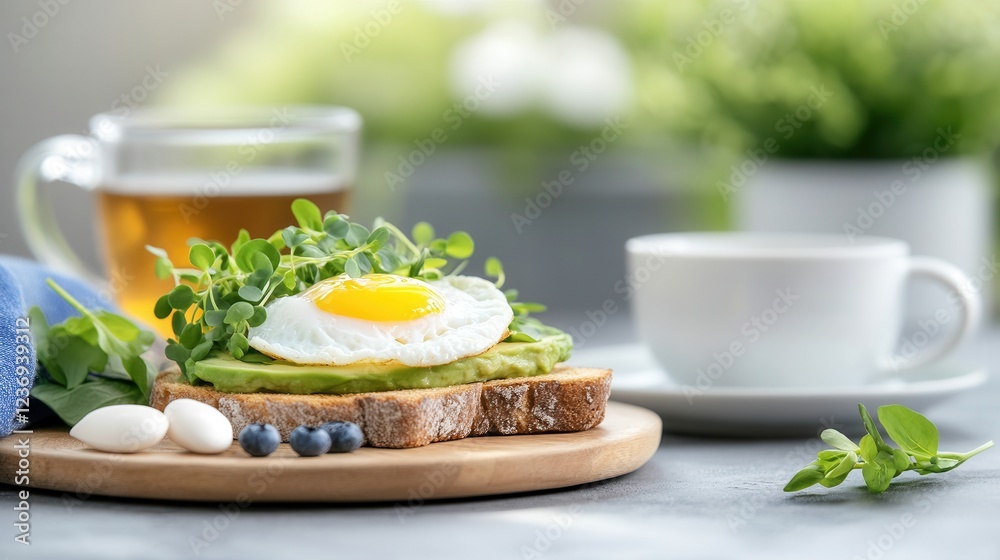 Avocado toast with poached egg and microgreens served with herbal tea on wooden plate. Avocado toast with poached egg and microgreens served with herbal tea on wooden plate.