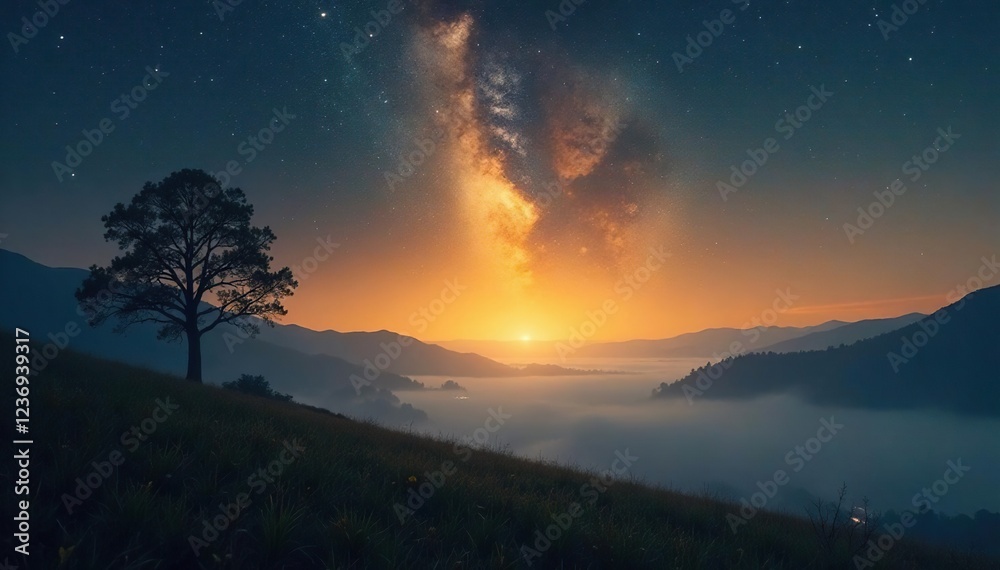 Fototapeta premium Starlight descends upon a quiet landscape with golden glow, misty, mystical