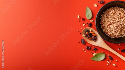 Flat lay of kolivo with nuts and dried fruits on vibrant red background for culinary use. photo