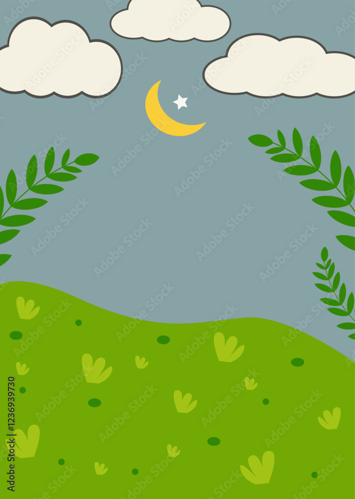 Obraz premium Print Landscape natural green land with sky and cloud moon star leaves mobile wallpaper and background natural card vector eps 10 