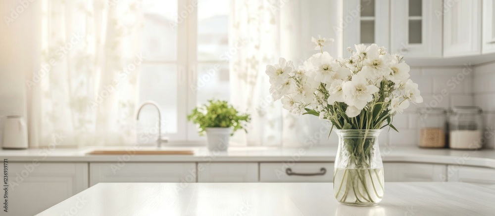 Fototapeta premium White Flowers in a Kitchen Vase: A Serene and Elegant Home Decor
