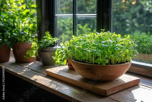 Fresh green herbs growing in wooden bowls on sunny windowsill indoors.