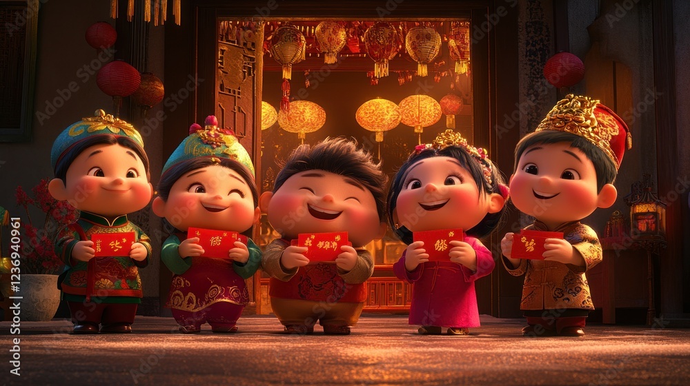 Fototapeta premium Happy children celebrate Lunar New Year in festive courtyard