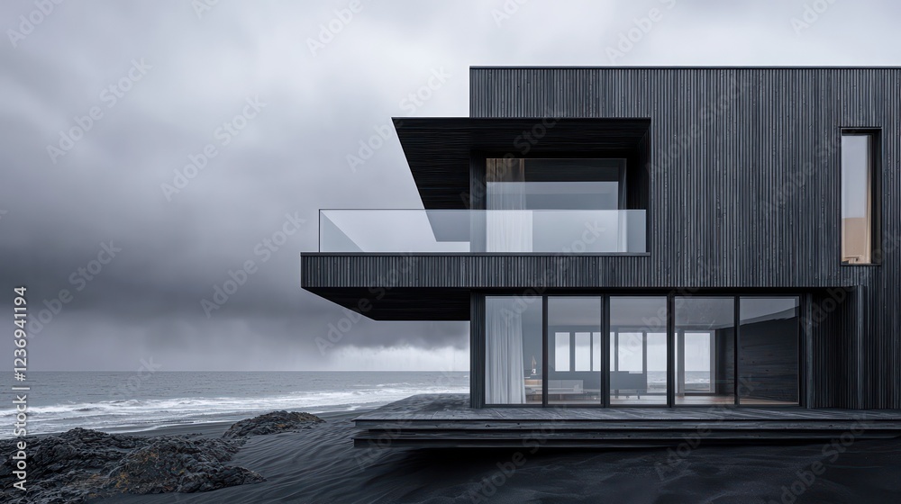 Fototapeta premium A minimalist beach house featuring charcoal black wood cladding and matte gray walls