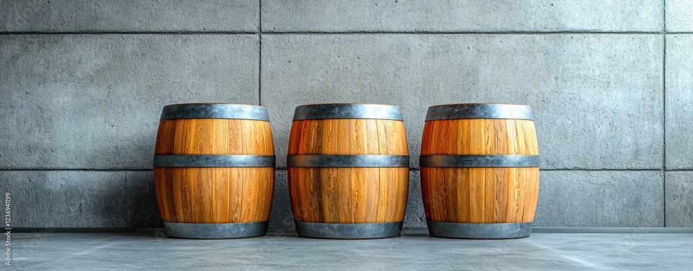 Modern Industrial Composition Featuring Three Wooden Barrels Modern Industrial Composition Featuring Three Wooden Barrels
