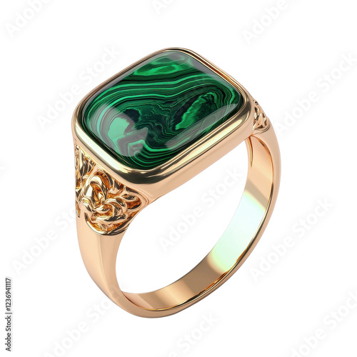 Men's Signet Ring with Deep Green Malachite Stone Isolated on Transparent or blank Background, PNG