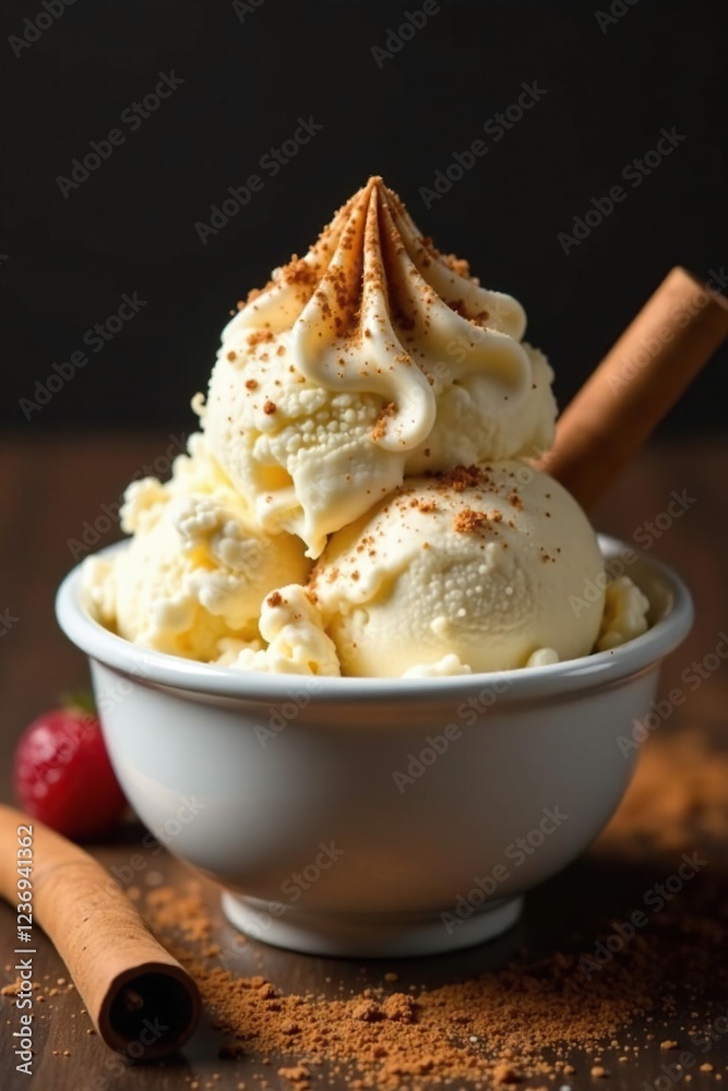 Scoop of vanilla ice cream topped with a sprinkle of cinnamon and chocolate shavings, vanilla, chocolate Scoop of vanilla ice cream topped with a sprinkle of cinnamon and chocolate shavings, vanilla, chocolate