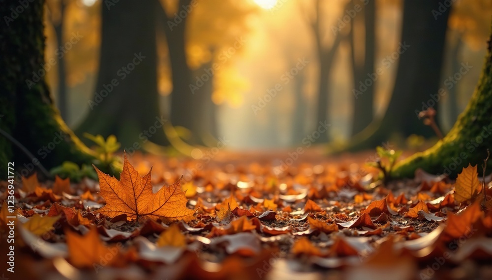 Fototapeta premium Earthy tones of a forest floor covered in fallen leaves, nature, earthy tone,