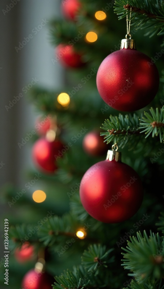 Decorative red Christmas ball garland on fir branch, , garland Decorative red Christmas ball garland on fir branch, , garland