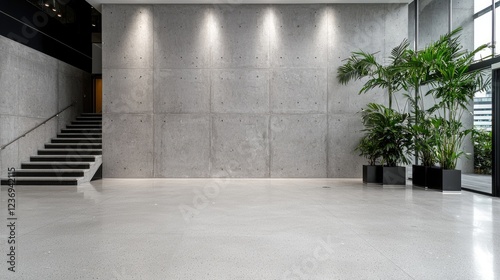 Modern office lobby with stairs, plants, concrete wall