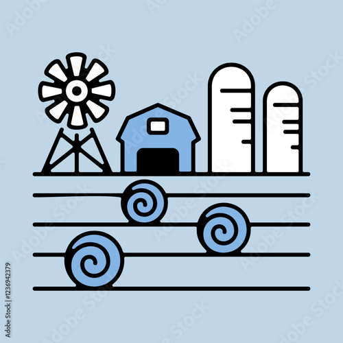 Farm landscape with barn, haystack and granary