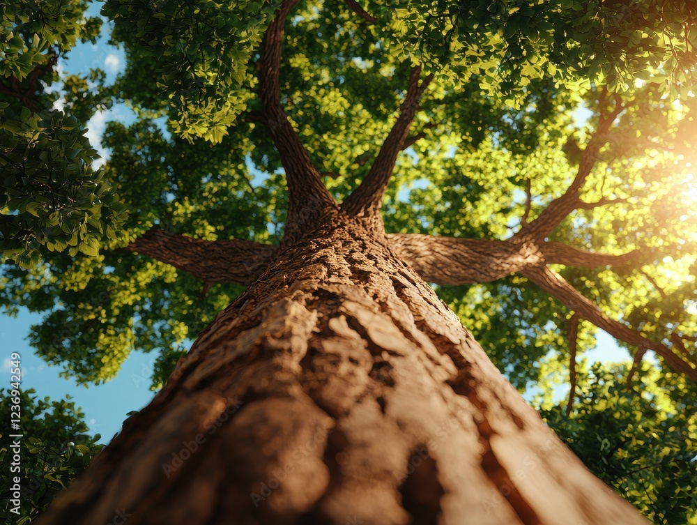 Naklejka premium Majestic Tree with Lush Green Leaves Under Bright Sunlight