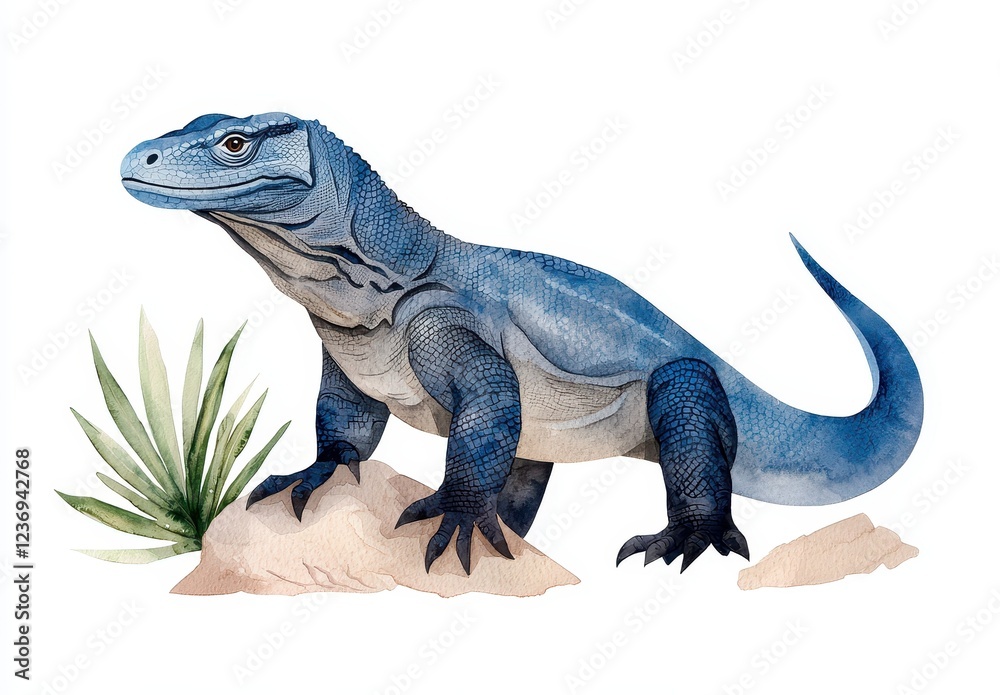 Obraz premium Blue Lizard Illustration with Desert Plant in Watercolor Style