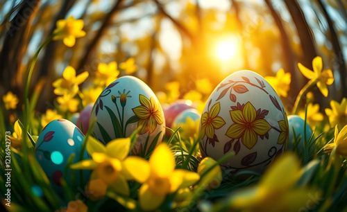 Herbe verte avec des œufs de Pâques, fond naturel avec espace de copie, vacances de Pâques et bannière de célébration du printemps photo