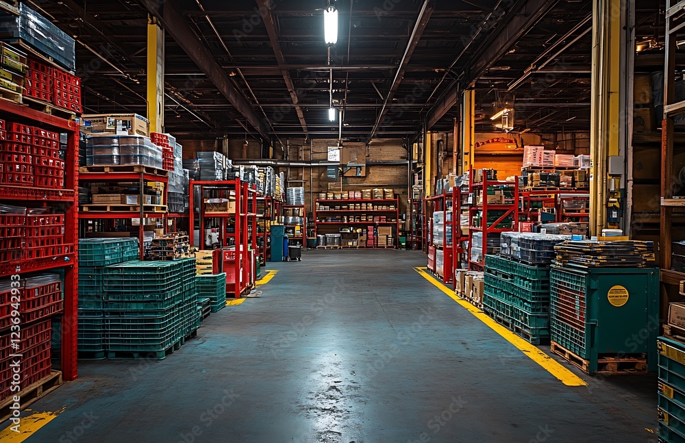 Industrial warehouse interior with stacked crates and shelves. Industrial warehouse interior with stacked crates and shelves.