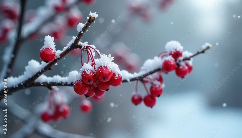 Frosted red berries cling to bare branches in the cold, winter, seasonal, frozen Frosted red berries cling to bare branches in the cold, winter, seasonal, frozen