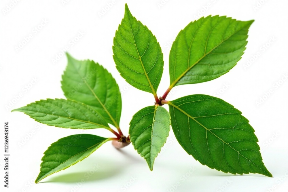 Isolated aronia melanocarpa leaves on white background, closeup, leaf, stem Isolated aronia melanocarpa leaves on white background, closeup, leaf, stem