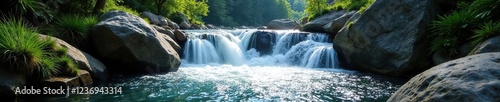 Sparkling waterfall flows into serene mountain stream, nature, water