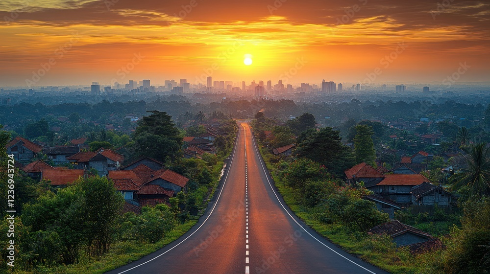 Fototapeta premium Sunrise road to city, tranquil landscape, urban skyline, travel